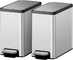 EKO Slim Small Bathroom Trash Can with Lid, Stainless Steel Kitchen Garbage Can with Removable Inner Bucket, 6L / 1.6 Gal 2 Pack Step On Trash Can Combo